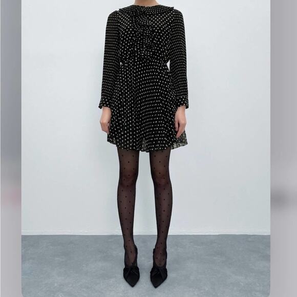 Zara Pleated Black Dress with White Polka Dot Printed Size Medium - Picture 1 of 9